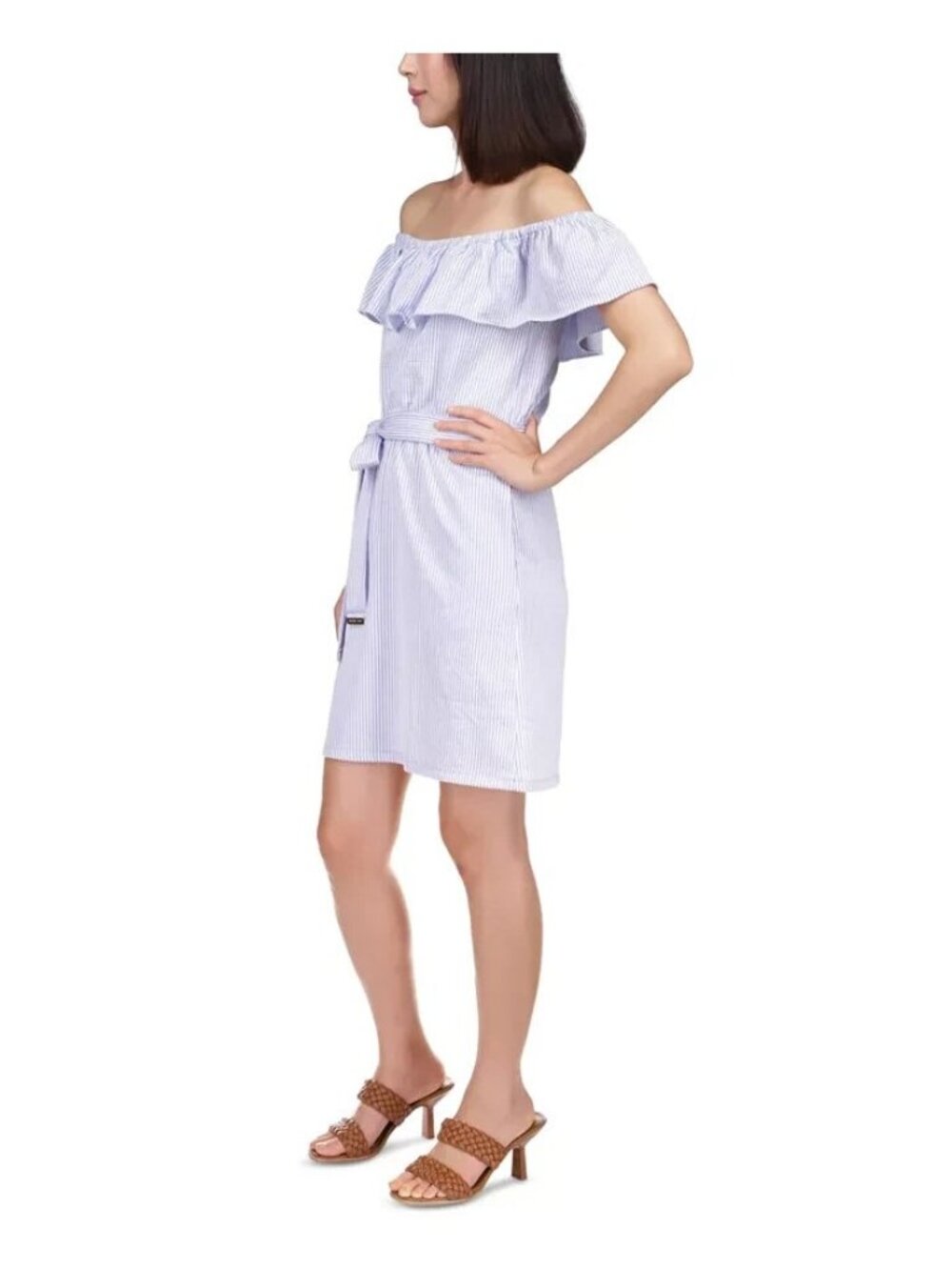 MICHAEL KORS Ruffled Seersucker Off-the-Shoulder Dress Blue Size L MSRP $140 - Picture 2 of 2